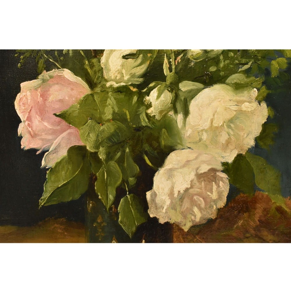 QF790 4 antique floral painting flower oil still life XIX 